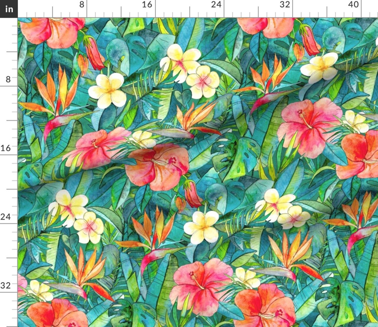 Various Fabrics by the Yard or Fat Quarter Tropical, Flowers, Garden, Watercolors, Extra Large, Floral, Jungle, Lush, Hibiscus, Green, Hawaiian, Bird Of Paradise, Orange Custom Printed Fabric by Spoonflower